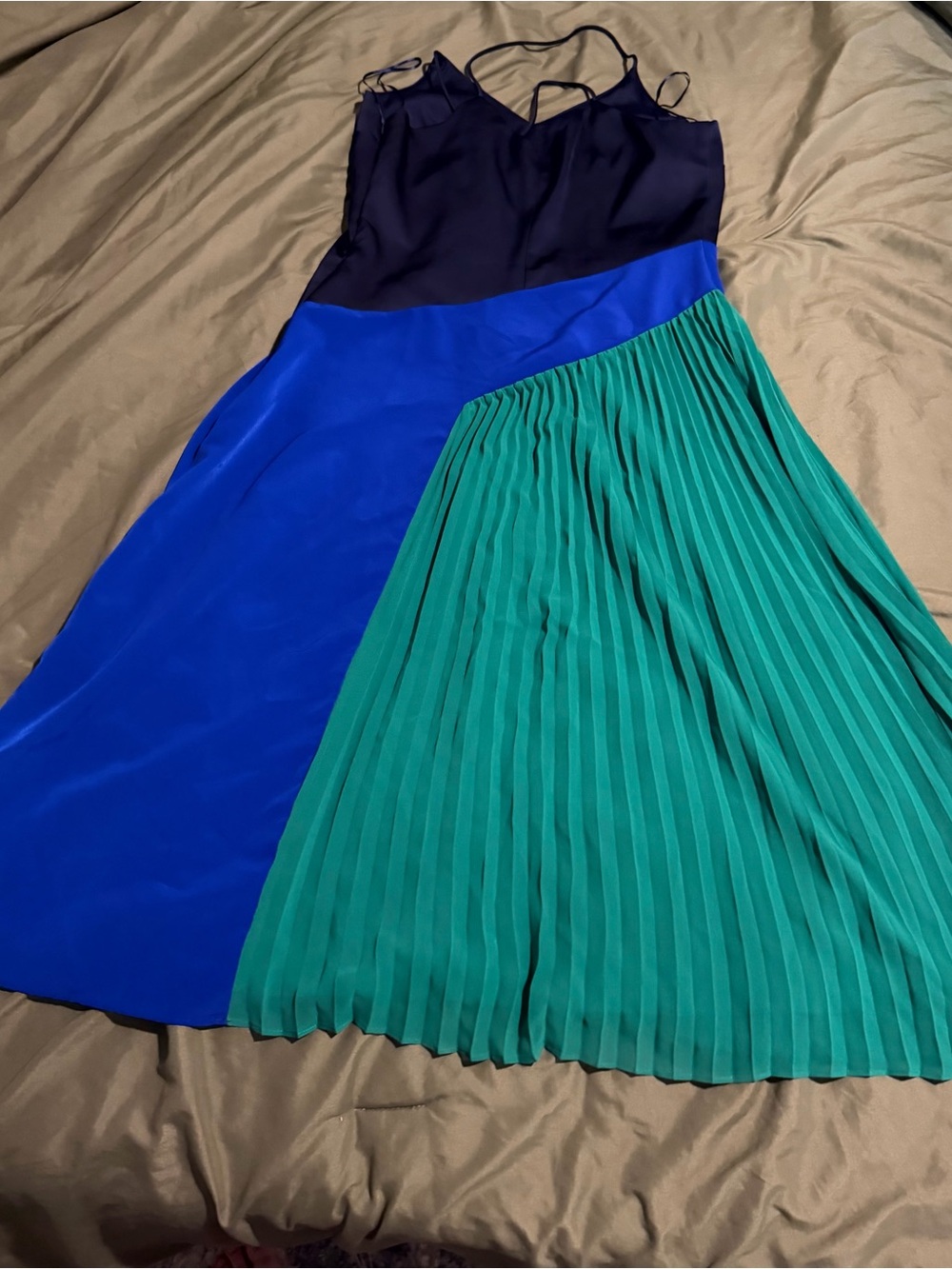 Colorblock Pleated Midi Skirt - Blue & Green